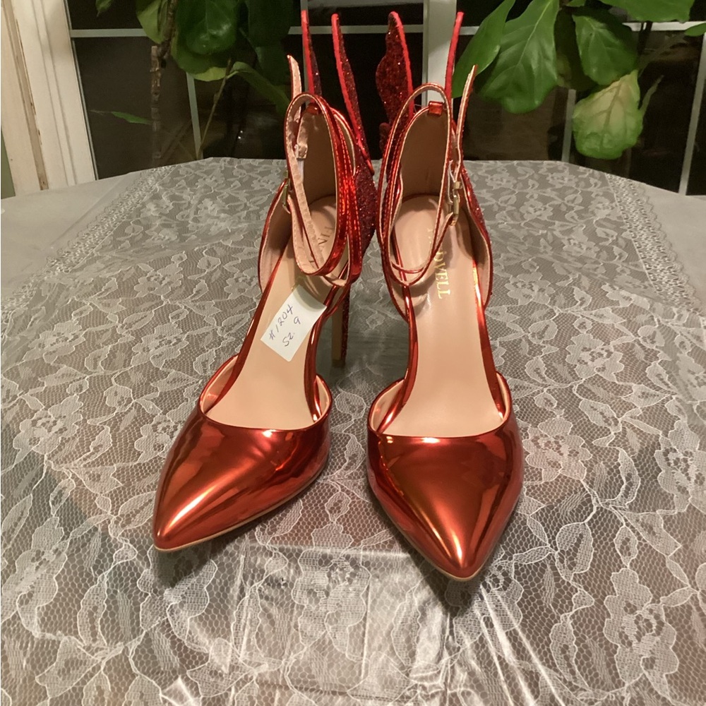 Findvell Sparkly Stilettos Pumps Closed Toe Butterfly Back Red Size 9